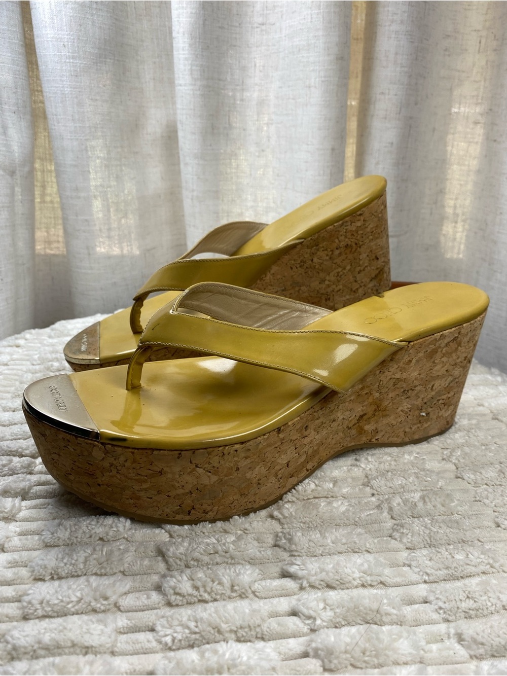 Jimmy Choo Mustard Yellow Patent Leather Cork Platform Wedge Sandals 37.5
